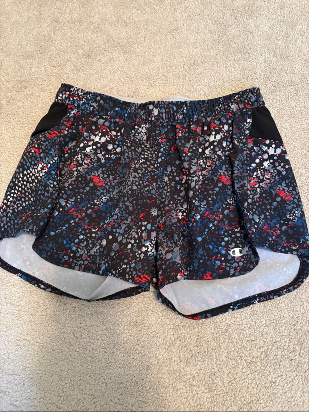 Champion Women's Black Splatter running shorts with Red & Blue Accents